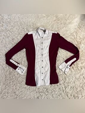 Women’s XS White/Burgundy Le Fash Long Sleeve Horseback Riding Show Shirt